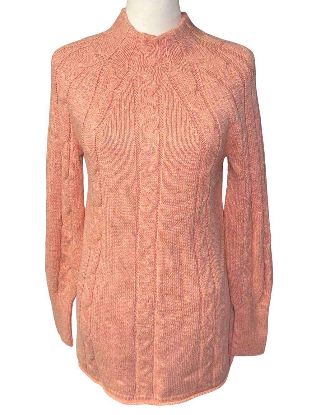 Soft Surroundings Peach Salmon Cable Knit Mock Neck Tunic Sweater Longline Sz XS